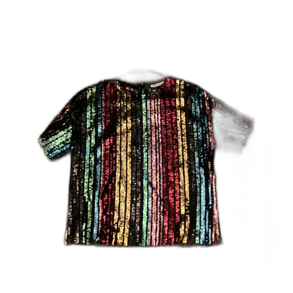 Zarina Collection Multicolored Vertical Sequin Striped Short Sleeve Top size42/M